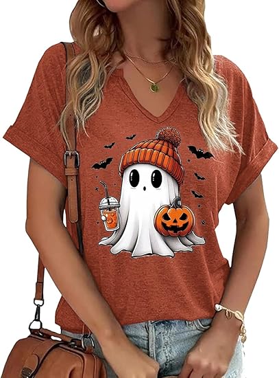 Women Fall Halloween Doodles V Neck Shirt