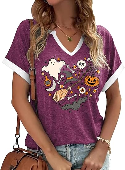 Women Fall Halloween Doodles V Neck Shirt