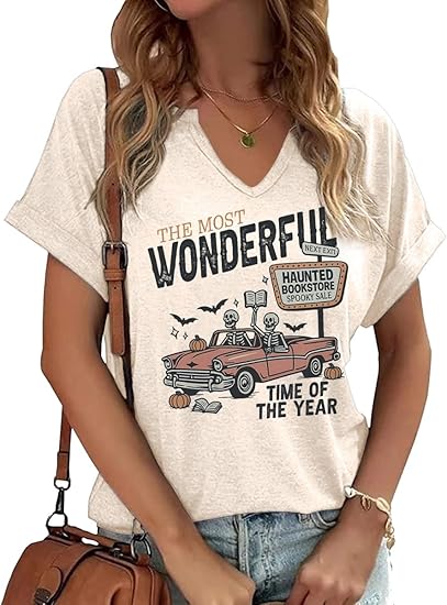 Women Fall Halloween Doodles V Neck Shirt